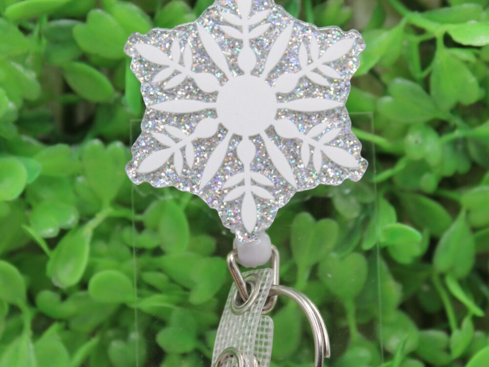 Beautiful White Snowflake on Holographic Glitter Badge/ID Holder Reel