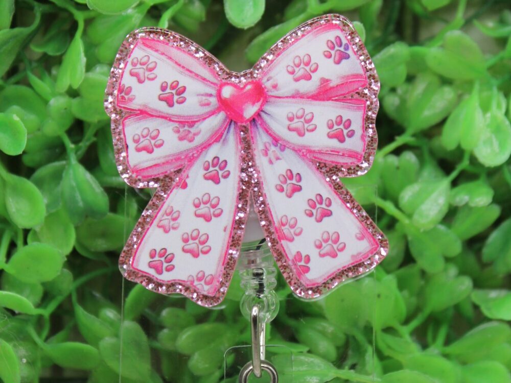 Pink Paw Print Bow Badge Reel