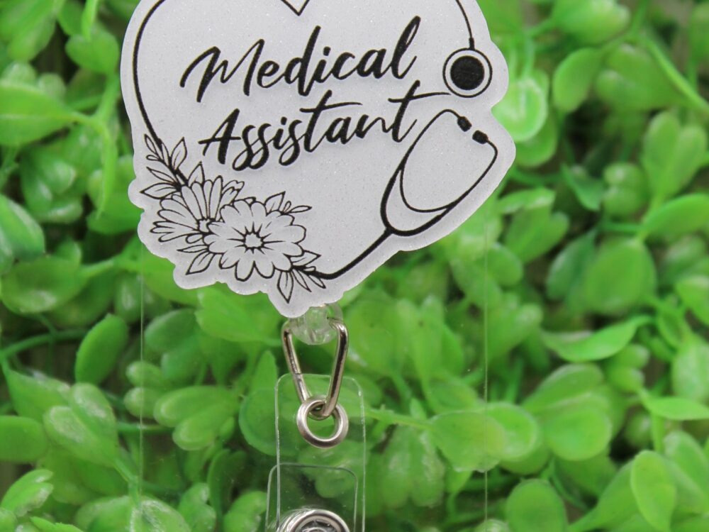 Medical Assistant White Shimmer Heart Stethoscope Badge Reel