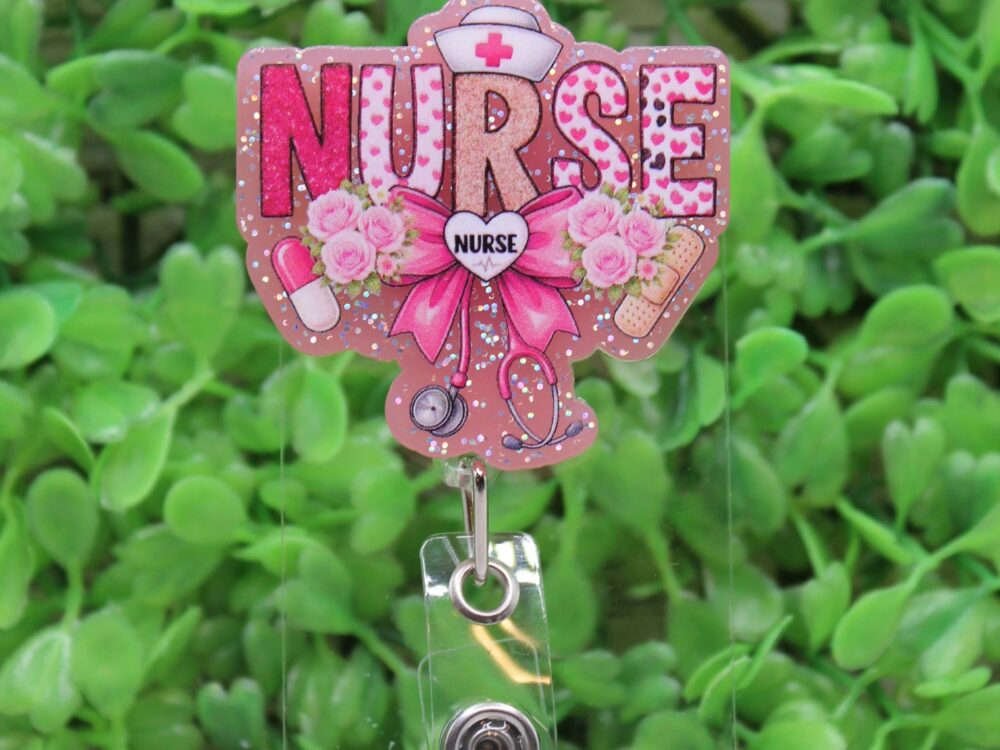 NURSE Pink Bow Stethoscope Badge Reel