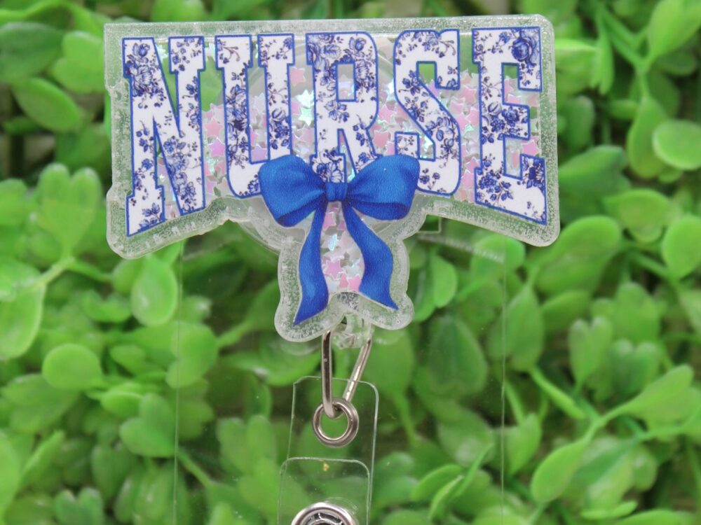 NURSE Blue Floral Shaker Badge Reel