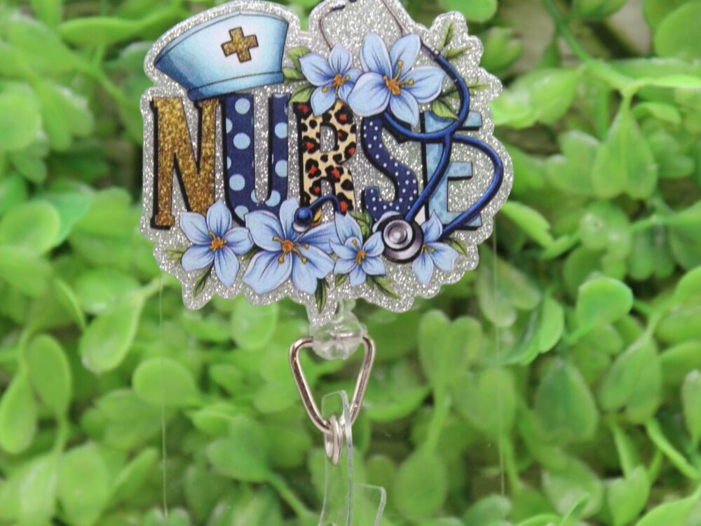 NURSE Blue Floral Badge Reel