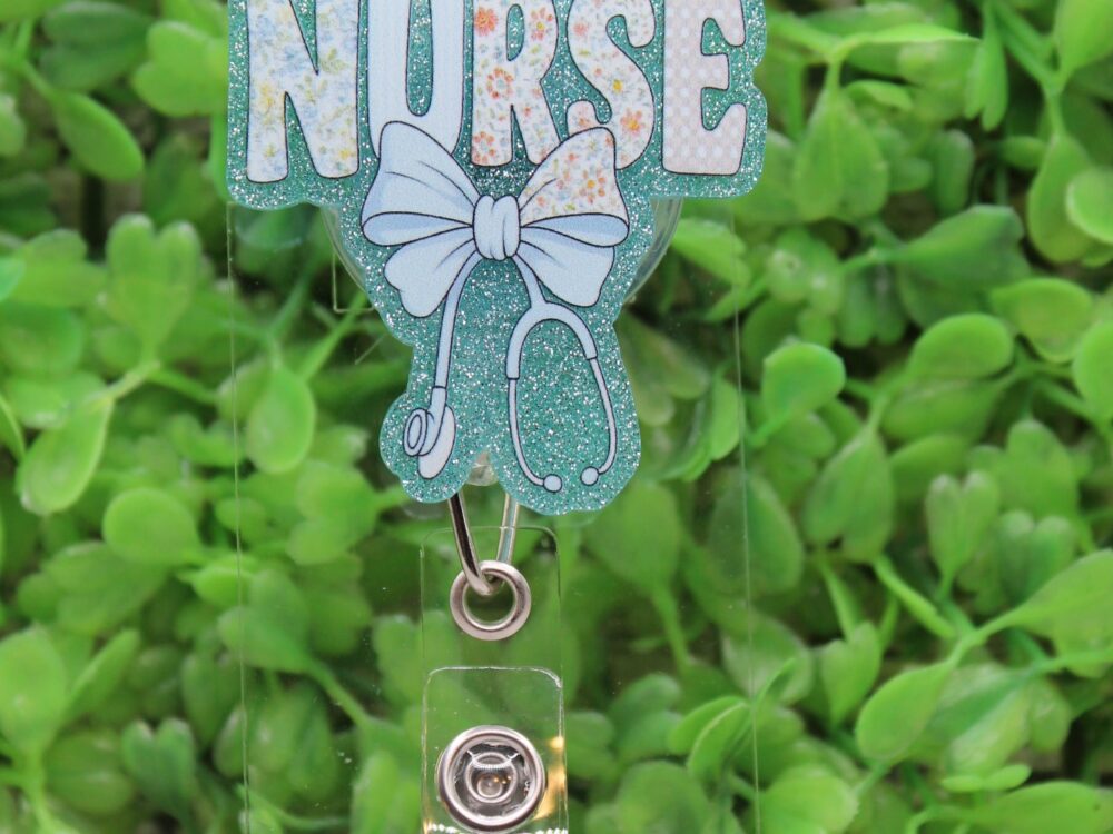 NURSE Bow Stethoscope Blue Glitter Badge Reel