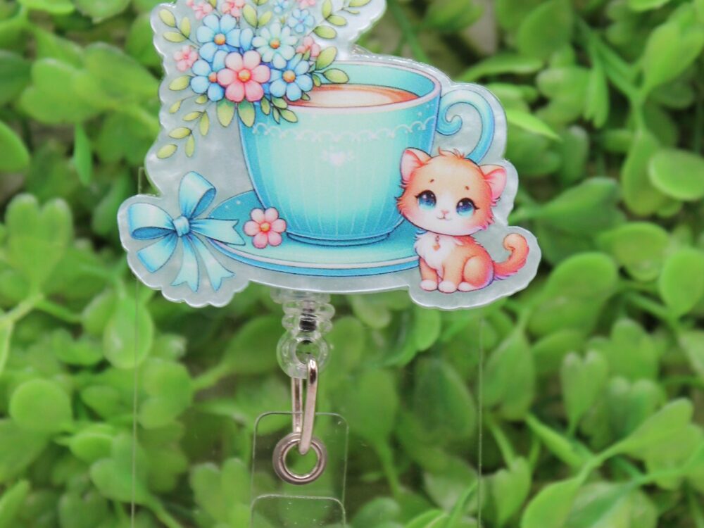 Floral Teacup and Kitten Badge Reel
