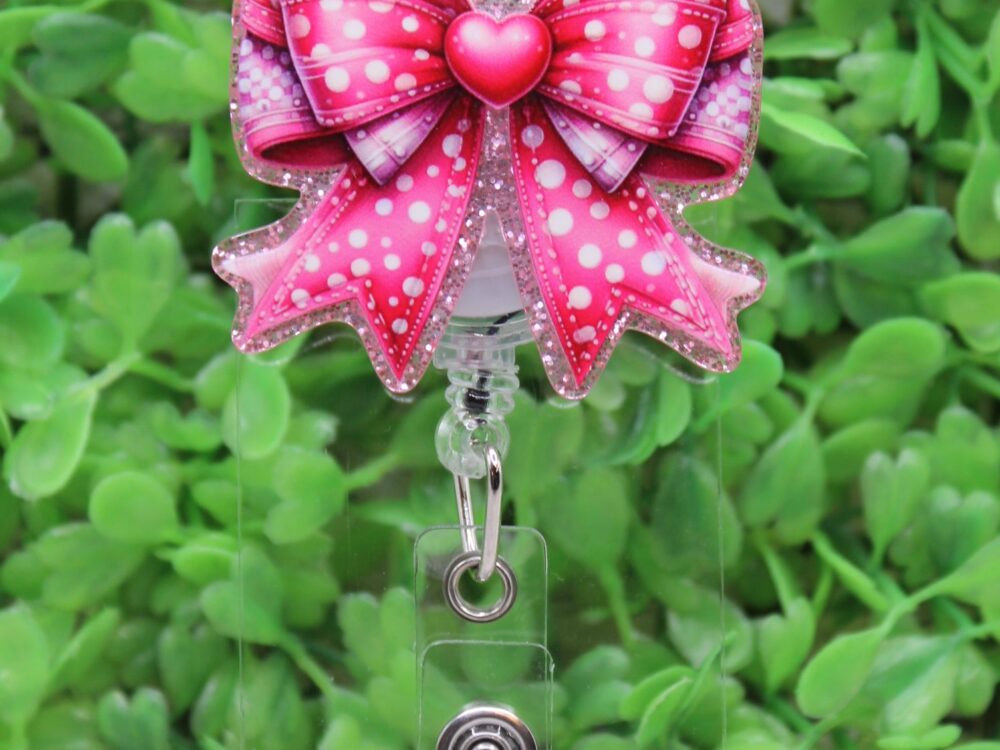 Pink Bow with Heart Badge Reel