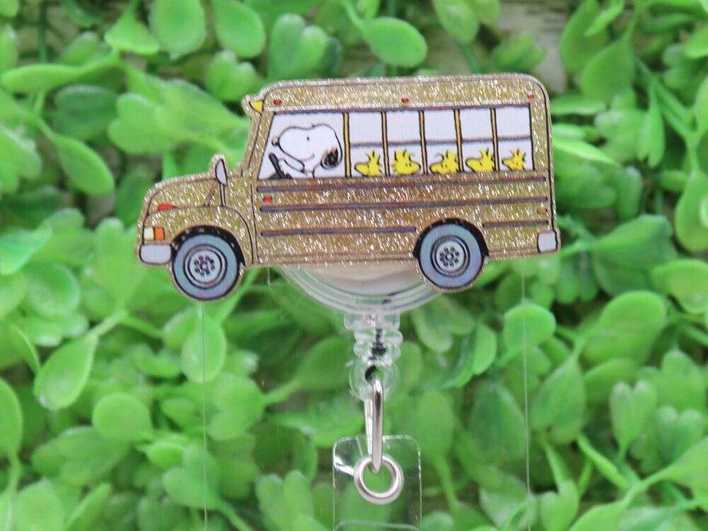 School Bus with White Dog Badge Reel