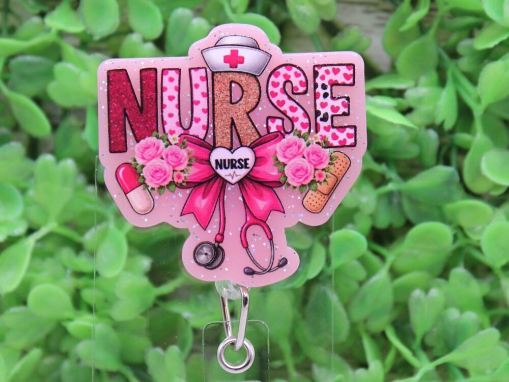 NURSE Pink Bow Stethoscope Badge Reel