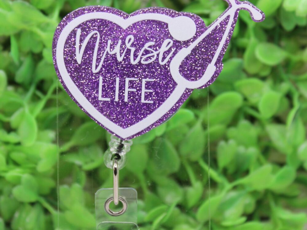 Nurse Life Purple Glitter Heart Stethoscope Badge Reel