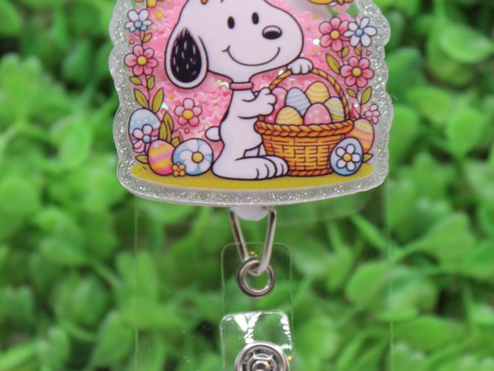 Easter White Dog Shaker Badge Reel