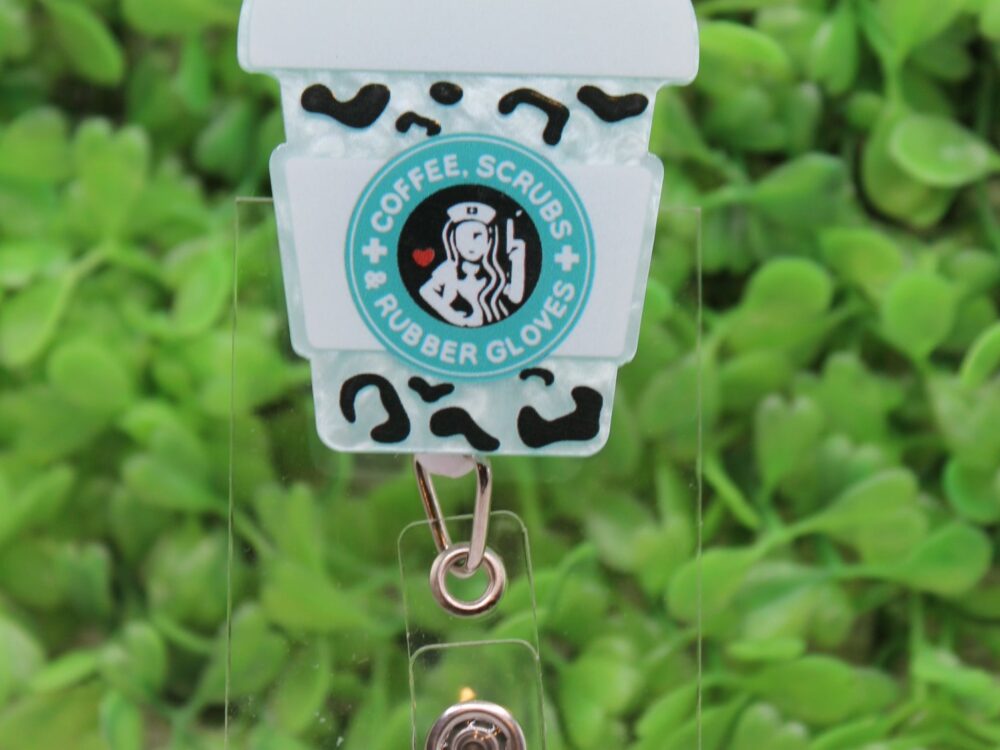 Coffee Scrubs Rubber Gloves Leopard Cup Badge Reel