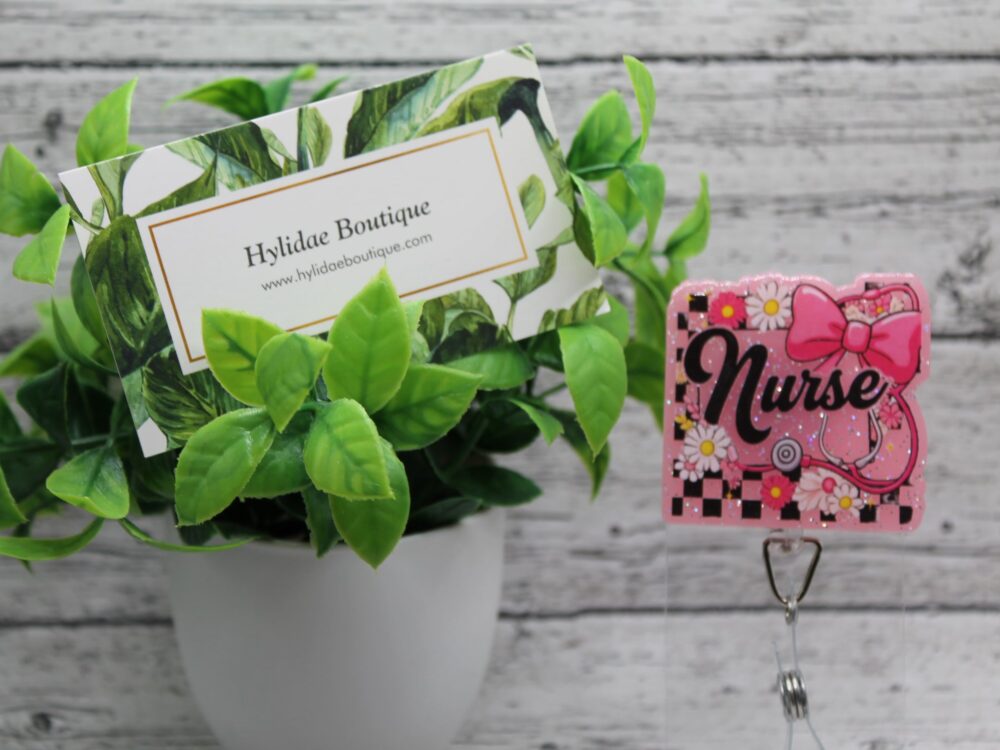 Nurse Checkered Pink Stethoscope Badge Reel