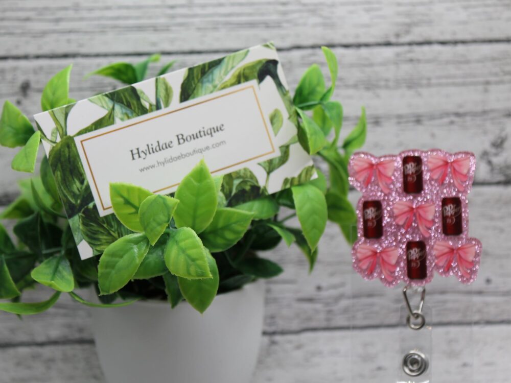 Dr Pepper and Bows on Pink Glitter Badge Reel