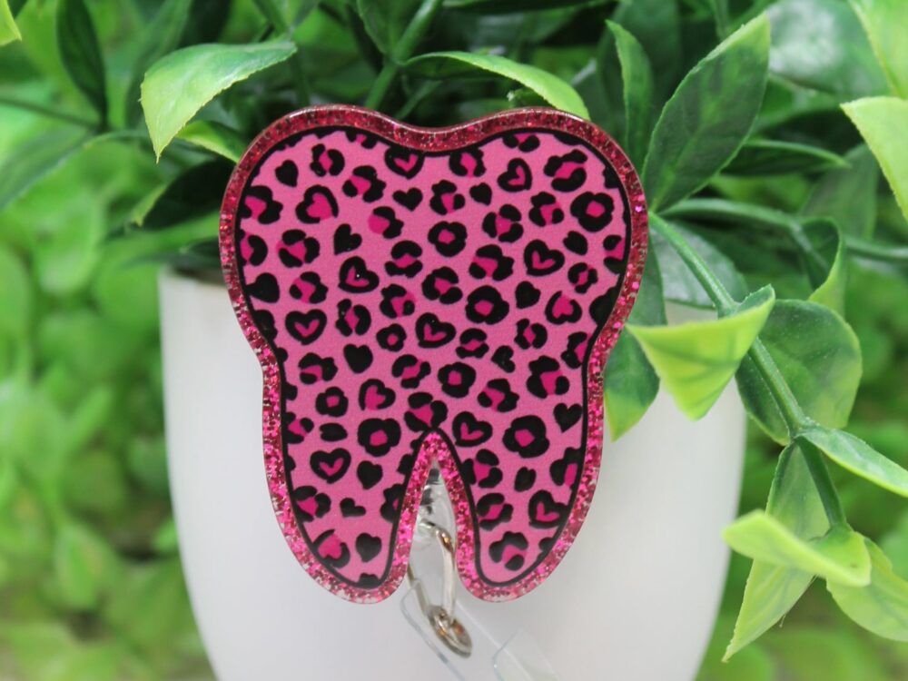 Pink Leopard Tooth Badge Reel