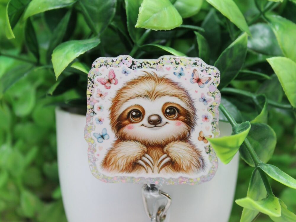 Cute Sloth with Butterflies Badge Reel