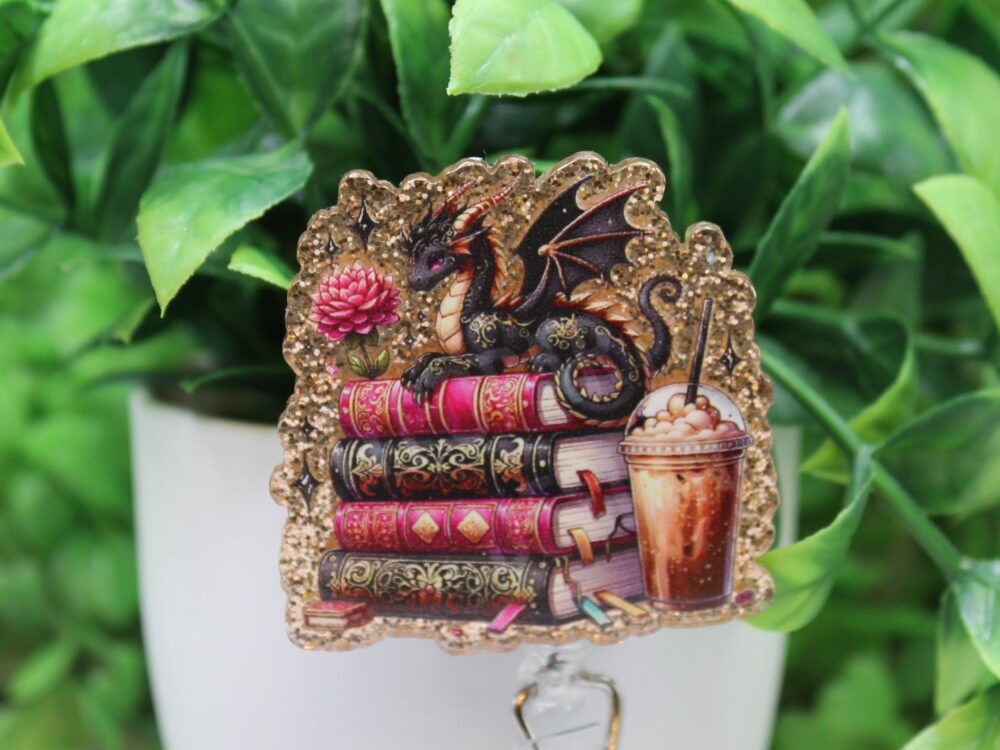 Dragon, Books & Iced Coffee Badge Reel