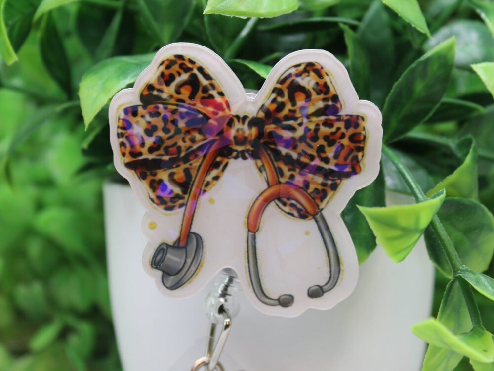 Leopard Bow Stethoscope Holographic Badge Reel