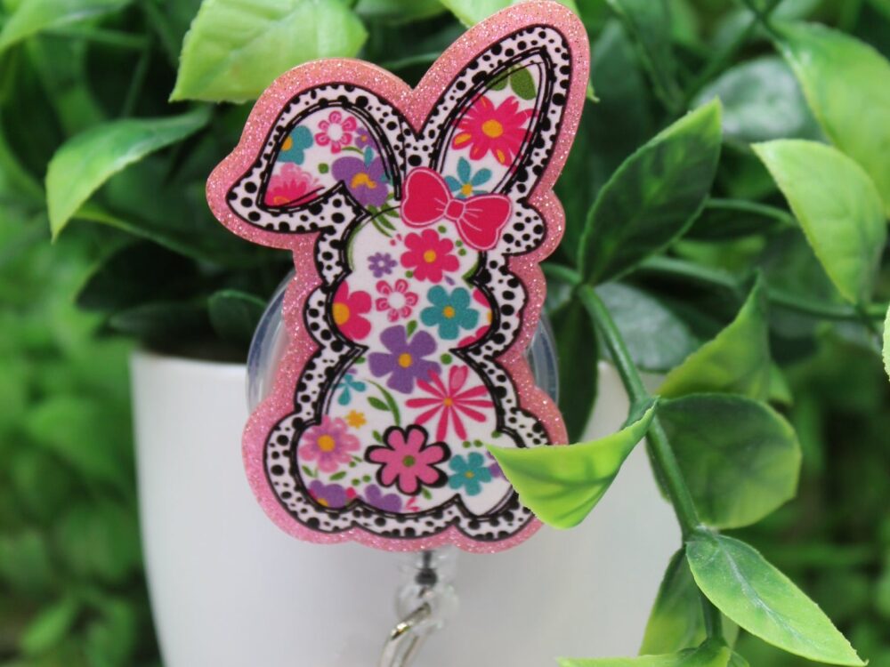 Floral Easter Rabbit with Bow Badge Reel