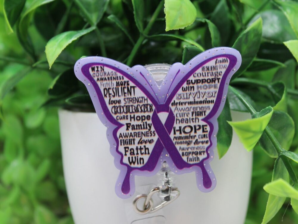 Purple Awareness Ribbon Butterfly Badge Reel