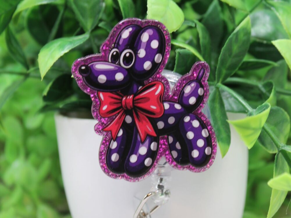 Purple Polka Dot Balloon Dog Badge Reel