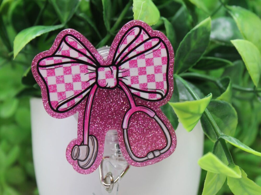Pink Checkered Bow Stethoscope Badge Reel