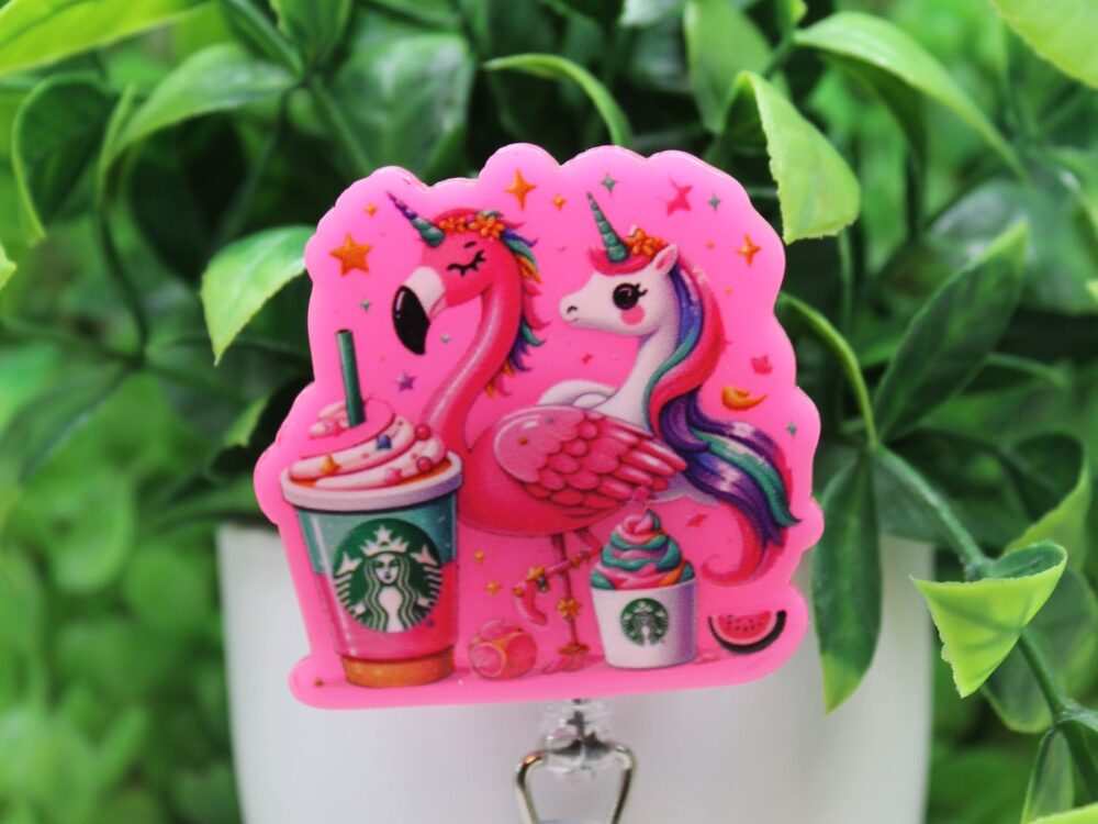 Pink Flamingo Unicorn SB Coffee Badge Reel