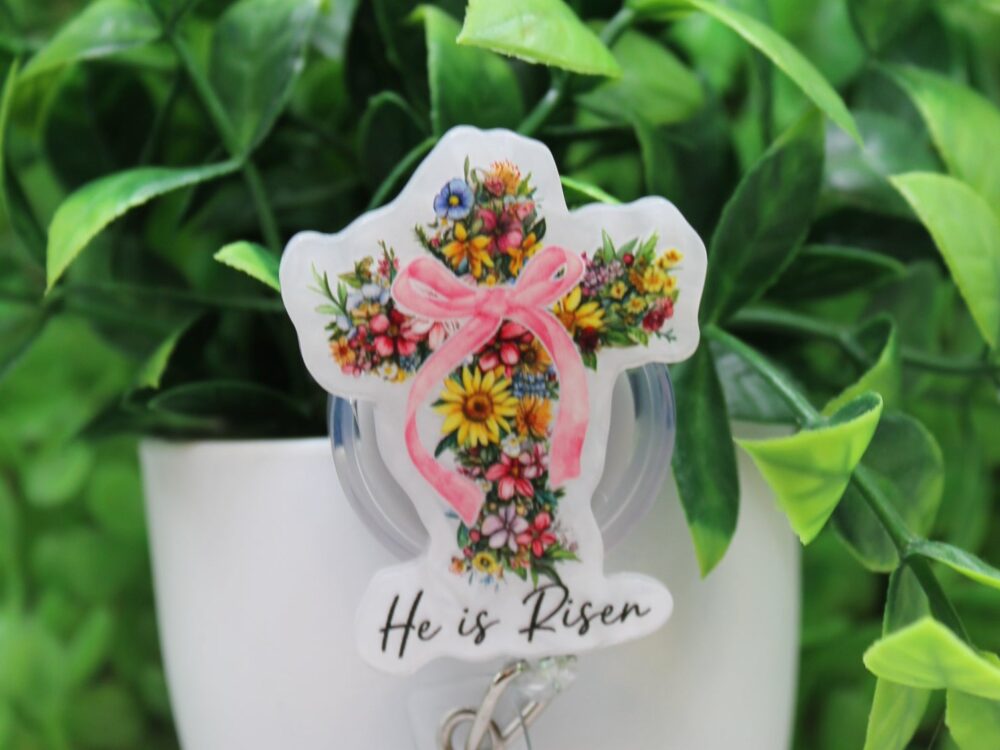 He Is Risen Floral Cross Badge Reel