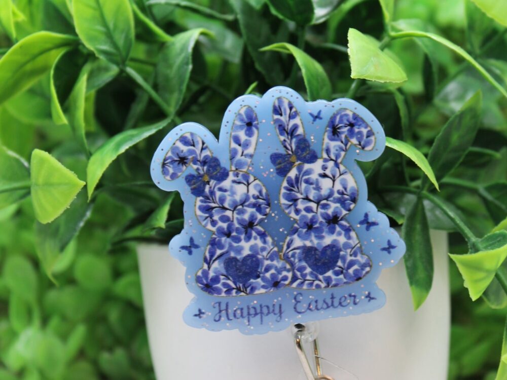 Happy Easter Blue Floral Rabbits Badge Reel