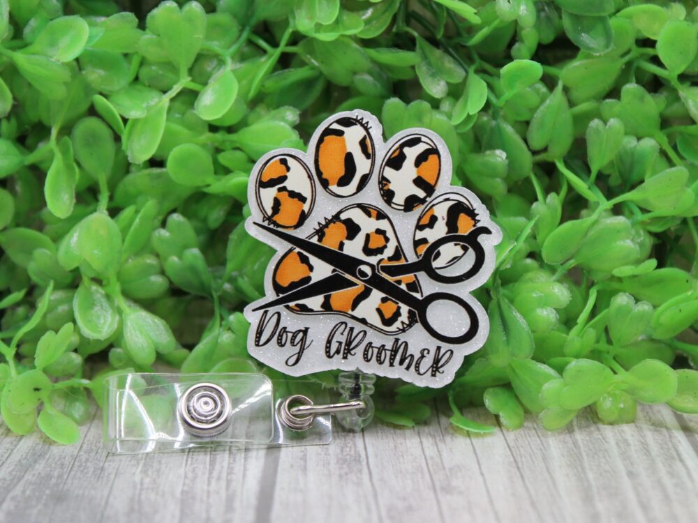 Dog Groomer Leopard Paw Print â€¢ Badge/ID Holder with Clip