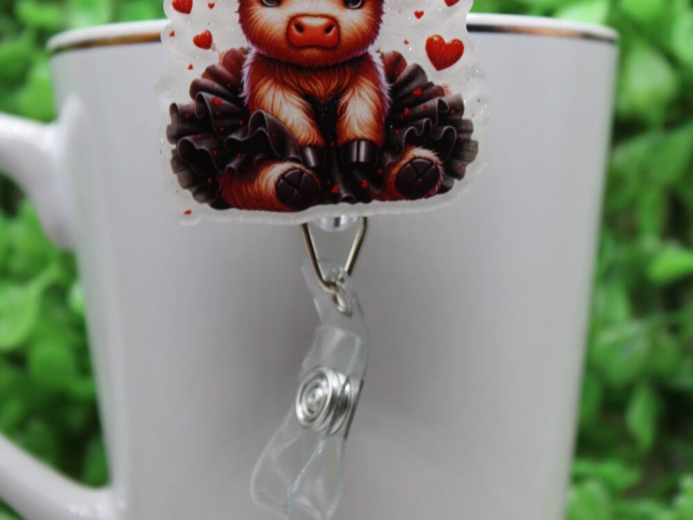 Cow with Hearts and Black Tutu Badge/ID Holder with Alligator Clip