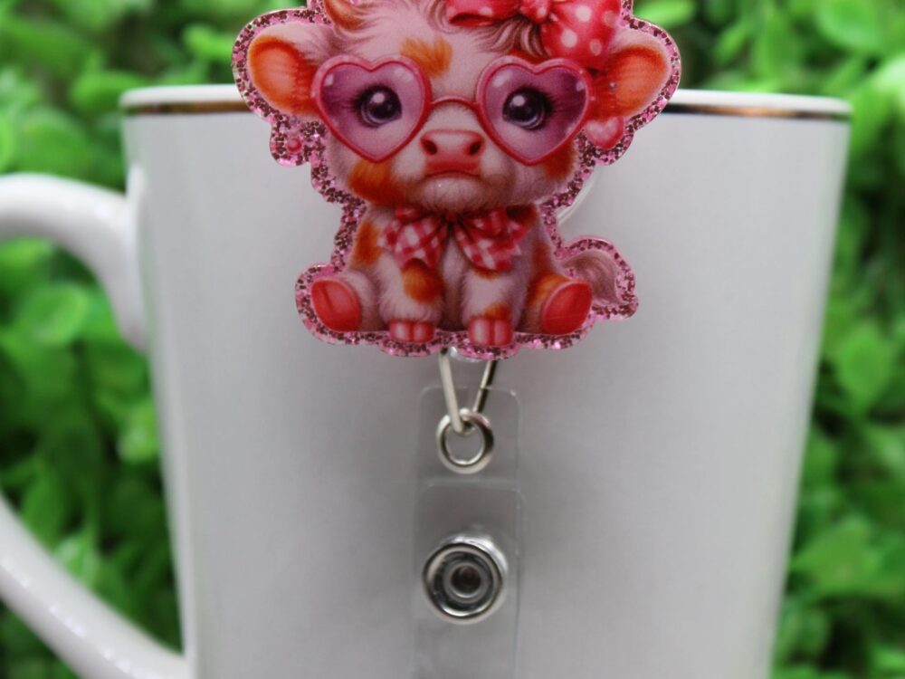 Cow with Heart Glasses Badge/ID Holder with Alligator Clip