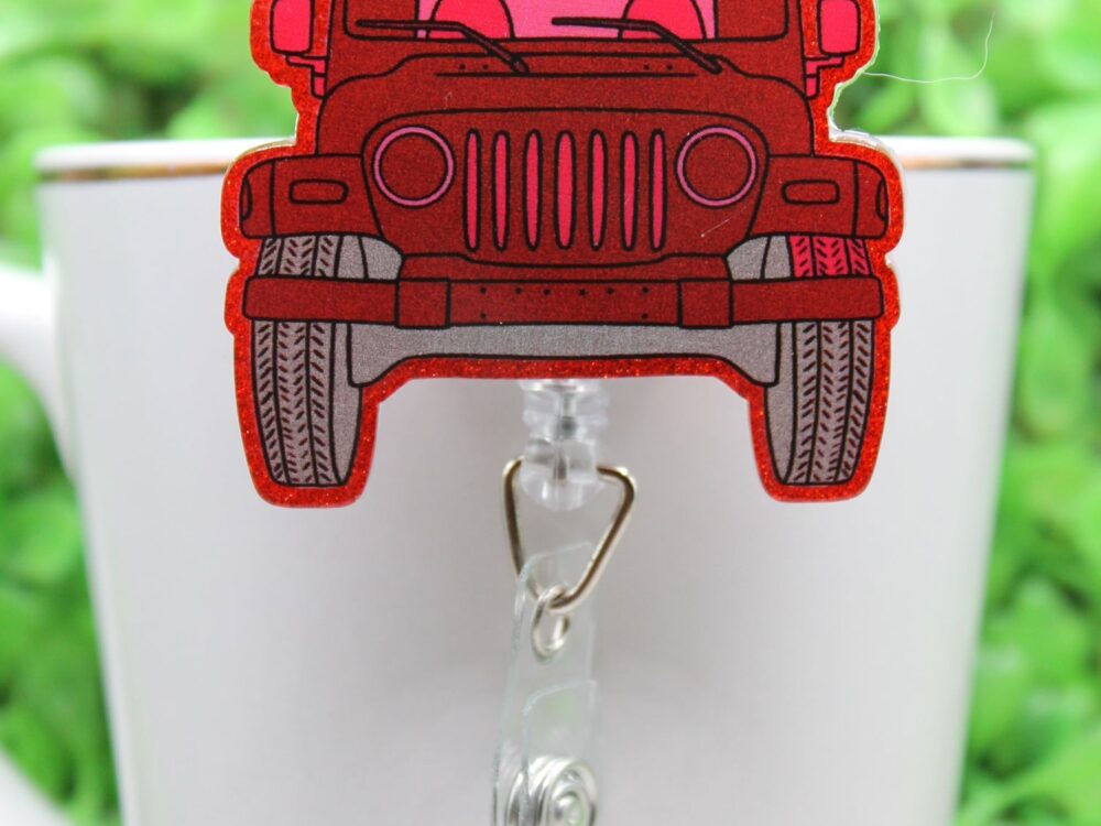 Red & Pink Jeep Badge/ID Holder Reel