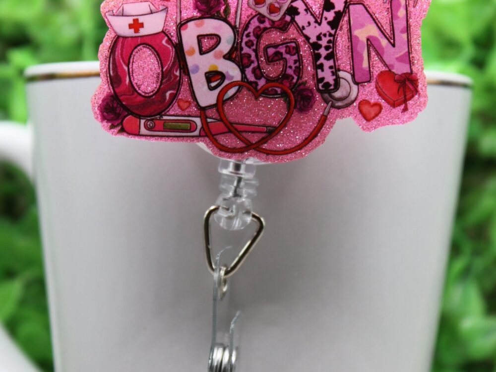 OBGYN Pink Glitter â€¢ Badge/ID Holder with Alligator Clip