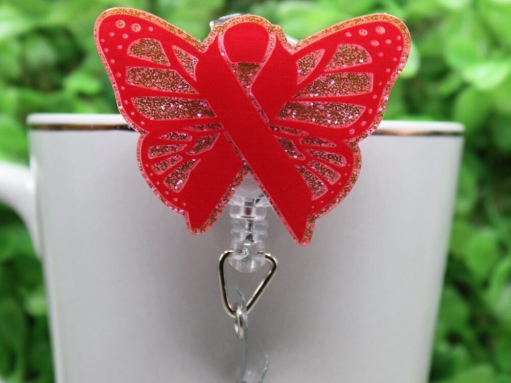 Pink Ribbon Butterfly Breast Cancer Awareness Badge/ID Holder Reel