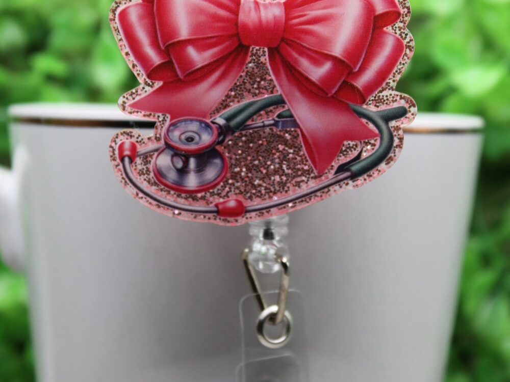 Pink Bow and Stethoscope on Glitter Badge/ID Holder Reel