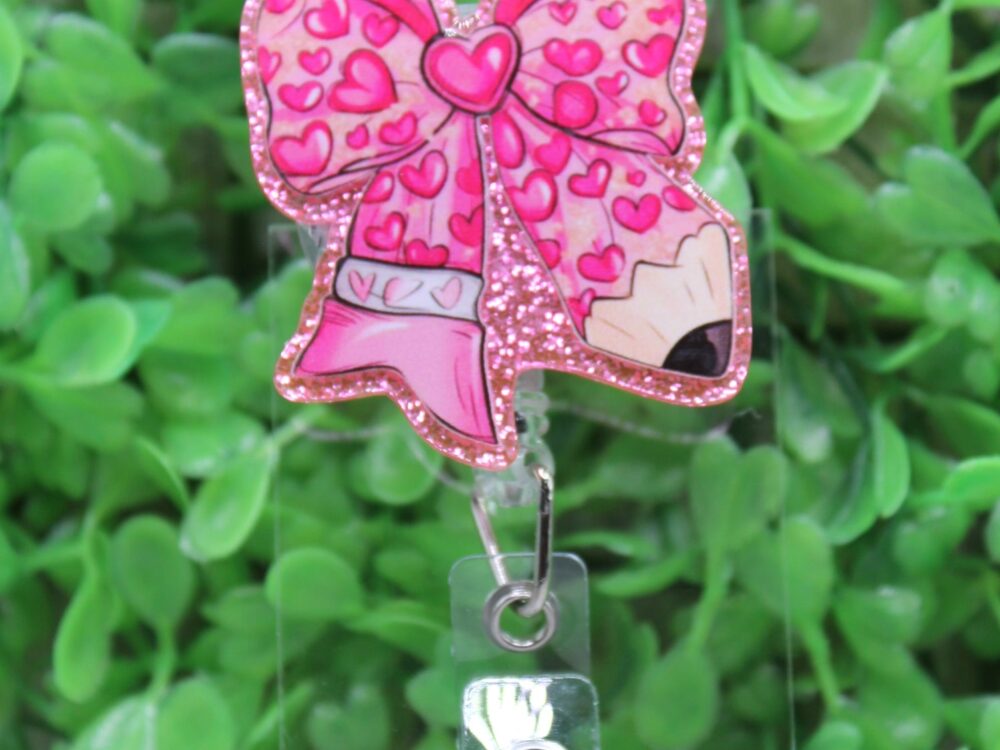 Pink Heart Pencil Bow Badge/ID Holder Reel