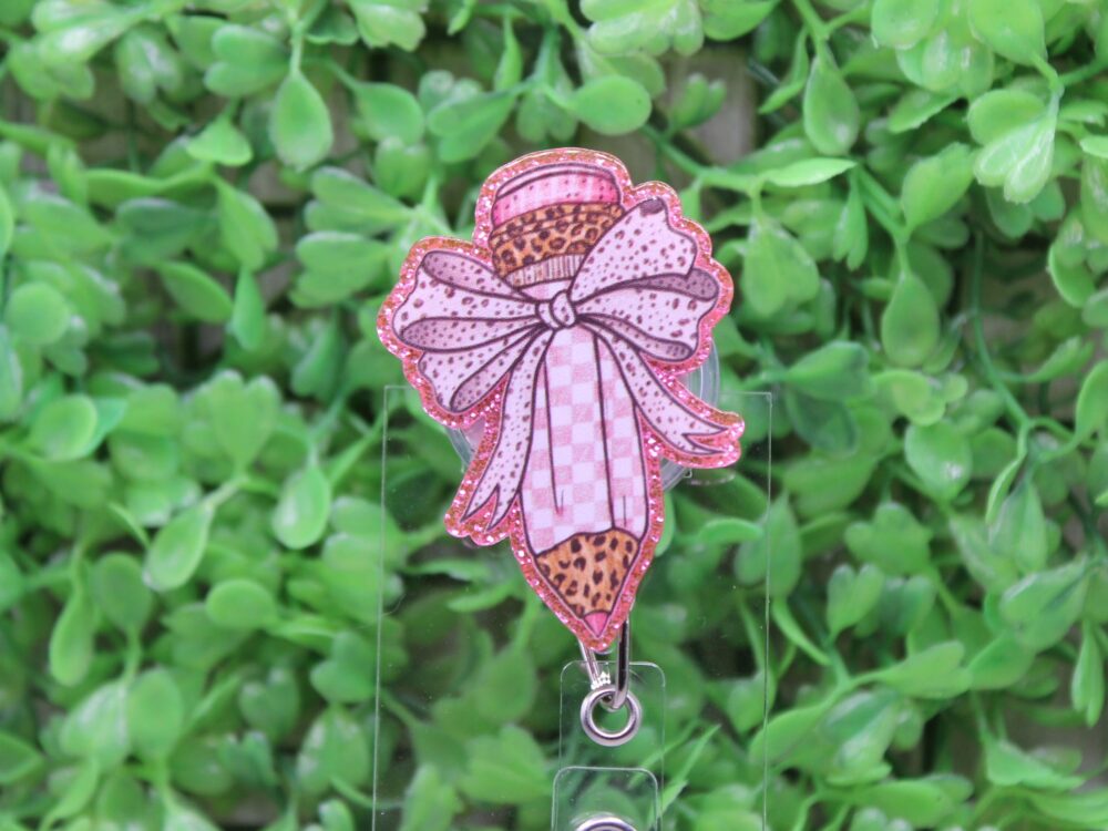 Pink Checkered and Leopard Pencil with Bow Badge/ID Holder Reel