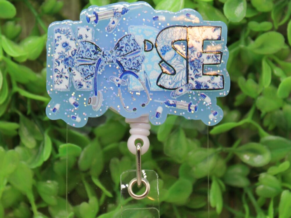 NURSE Blue Floral Stethoscope Badge/ID Holder Reel
