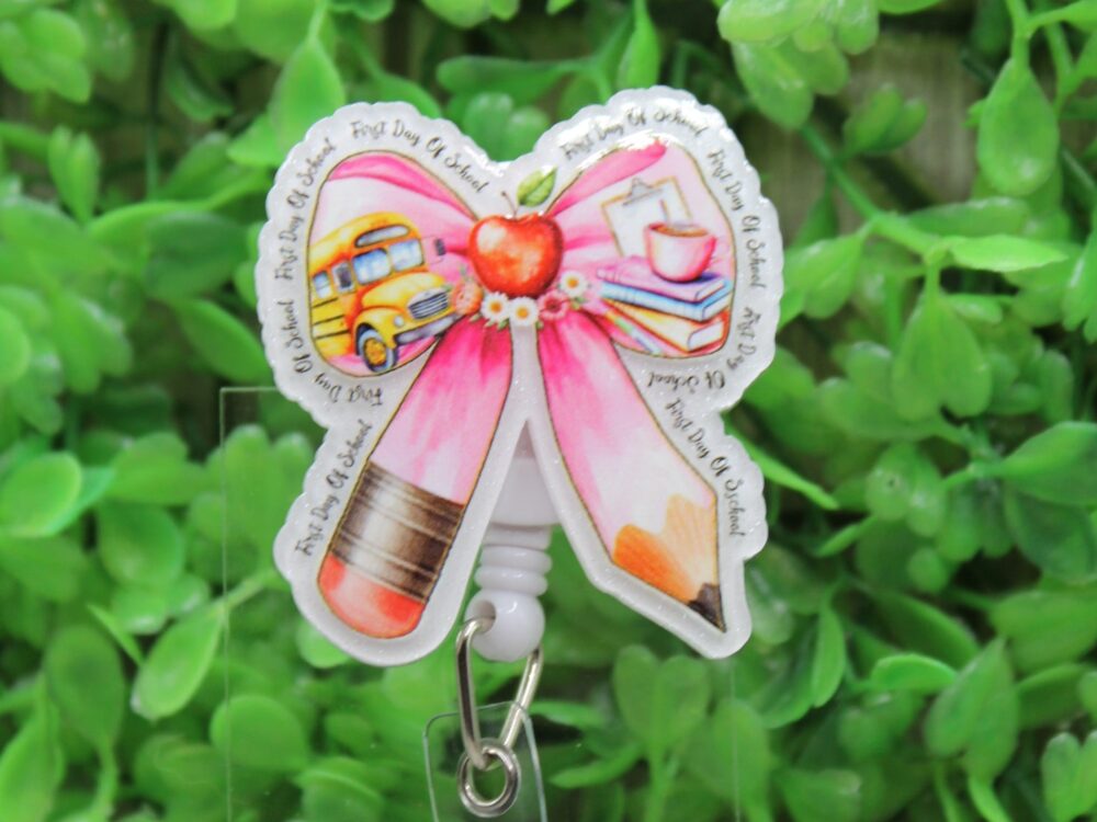 Pink Pencil Bow Badge/ID Holder Reel
