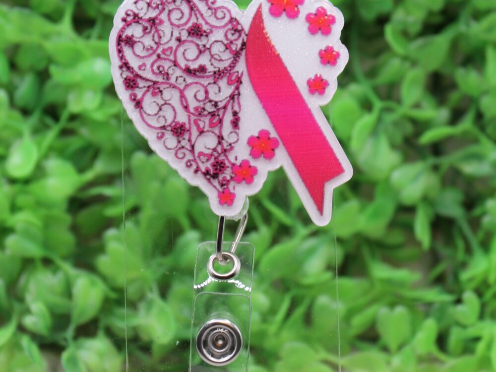 Floral Heart Pink Ribbon Breast Cancer Awareness Badge/ID Holder Reel