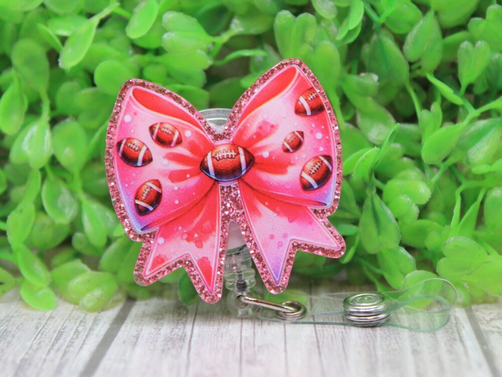 Pink Football Bow Badge/ID Holder Reel