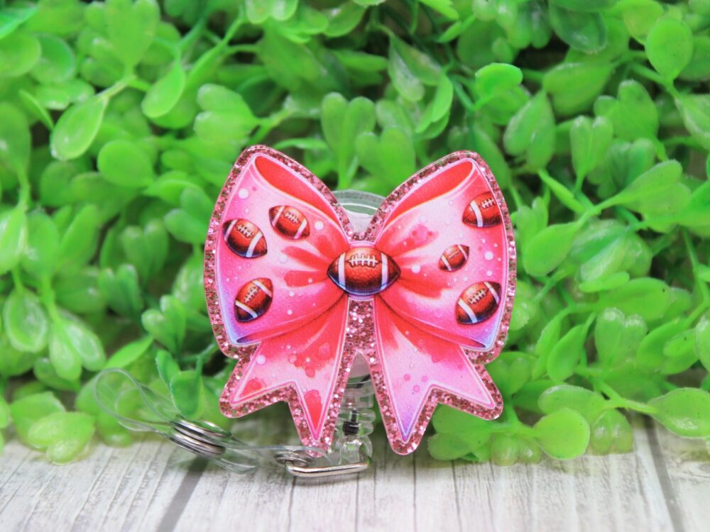 Pink Football Bow Badge/ID Holder Reel