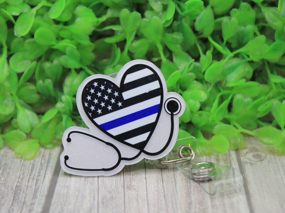 Blue Line Flag Stethoscope Heart Badge/ID Holder Reel